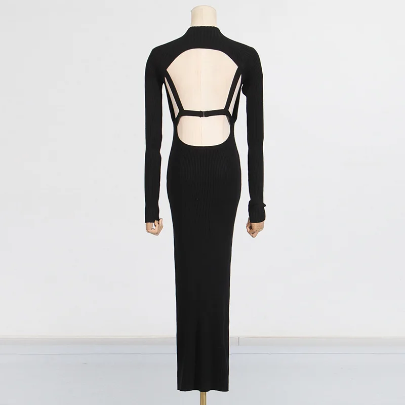 Onecozyday Women's White Ribbed Knit Midi Dress Round Neck Long Sleeve Bodycon Sweater Dress Backless Sexy Party Dresses - view 5