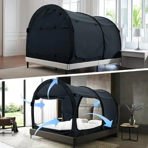Canopy Bed with Privacy Tent, Pop-Up Portable Frame & Breathable Grey Curtains