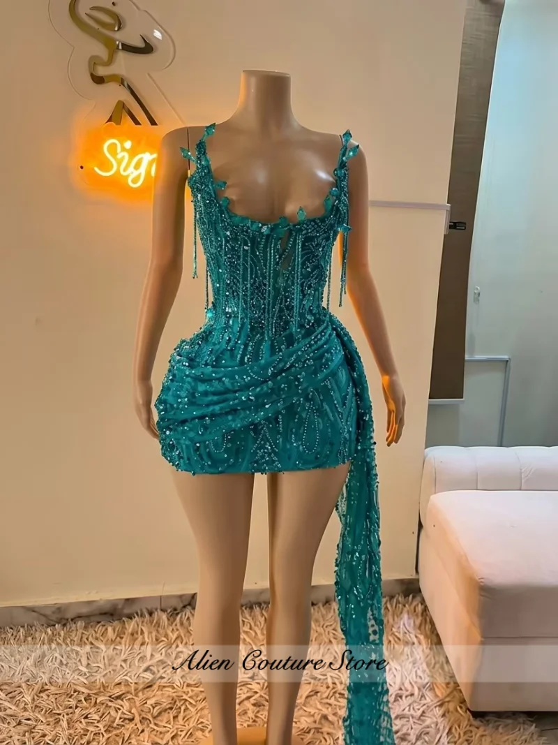 

Glitter Lake Blue Crystal Beaded Homecoming Prom Dress Cocktail Valentine's Day Birthday Dress Luxury 2026 Blackgirl Customized