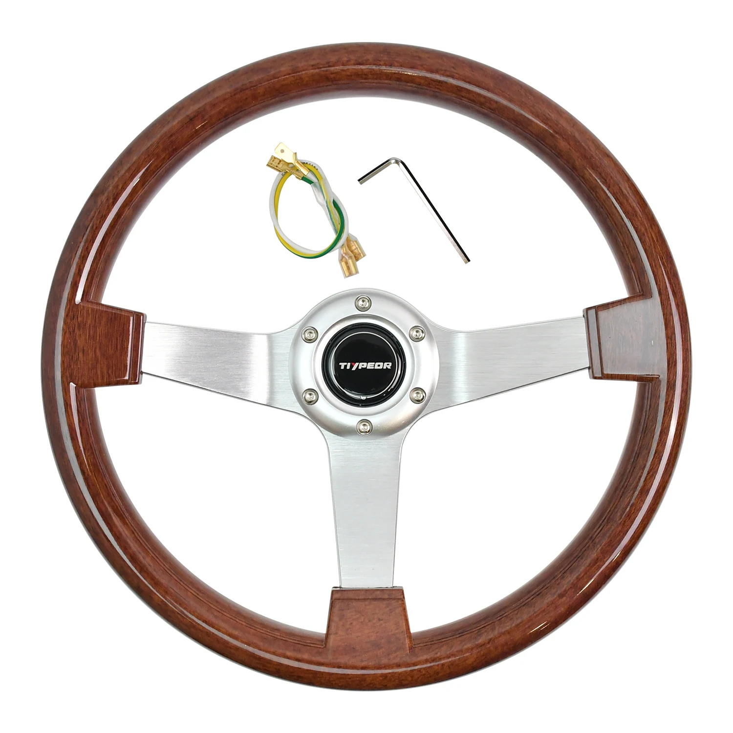 

Vintage Wood Grain Steering Wheel 340mm Silver 3 Spokes Anti-Slip Falt Bracket Racing Steering Wheel With Horn Button