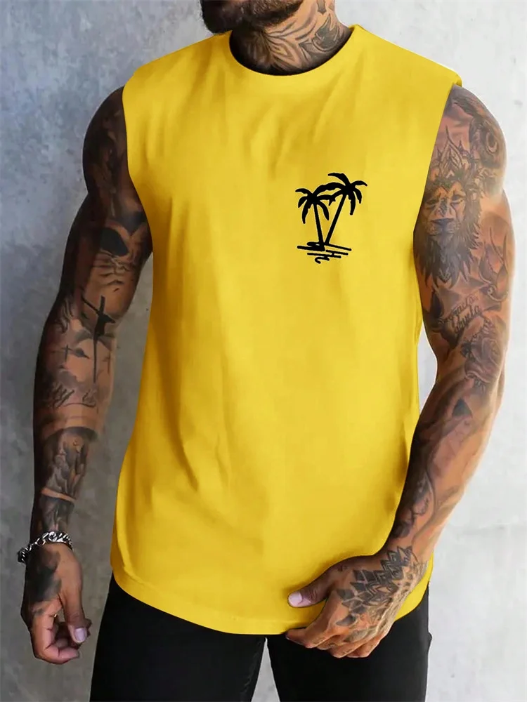 Summer Casual Style Men's Vest Coconut Tree Logo Solid Color Sleeveless Fitness Top Men's Fashion Outdoor Fitness Vest Clothing image 2