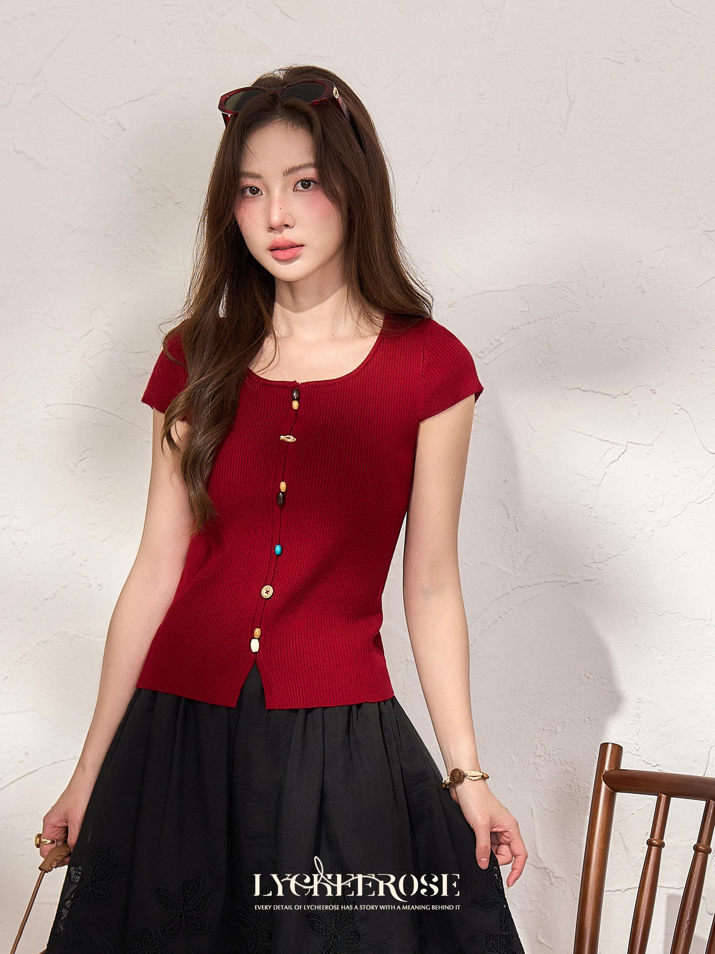 

Женская летняя вязаная футболка Lycheerose Red Lychee с коротким рукавом, винтажным дизайном, на пуговицах, с квадратным воротником