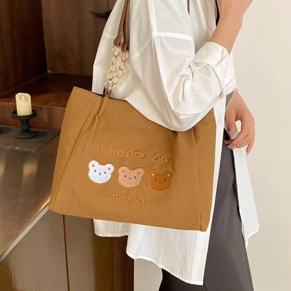 

Printed Bear Shoulder Bag Large Capacity Korean Style Cartoon Tote Bag Solid Color Lightweight Canvas Handbag Office Worker