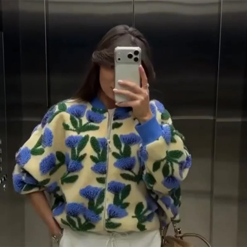 Schicke, trendige, geblümte Fleece-Bomberjacke, Plüschjacke mit Reißverschluss, lässige Frühlingsjacke für Damen, Alltagsmantel, Retro, edgy, elegant, Streetwear