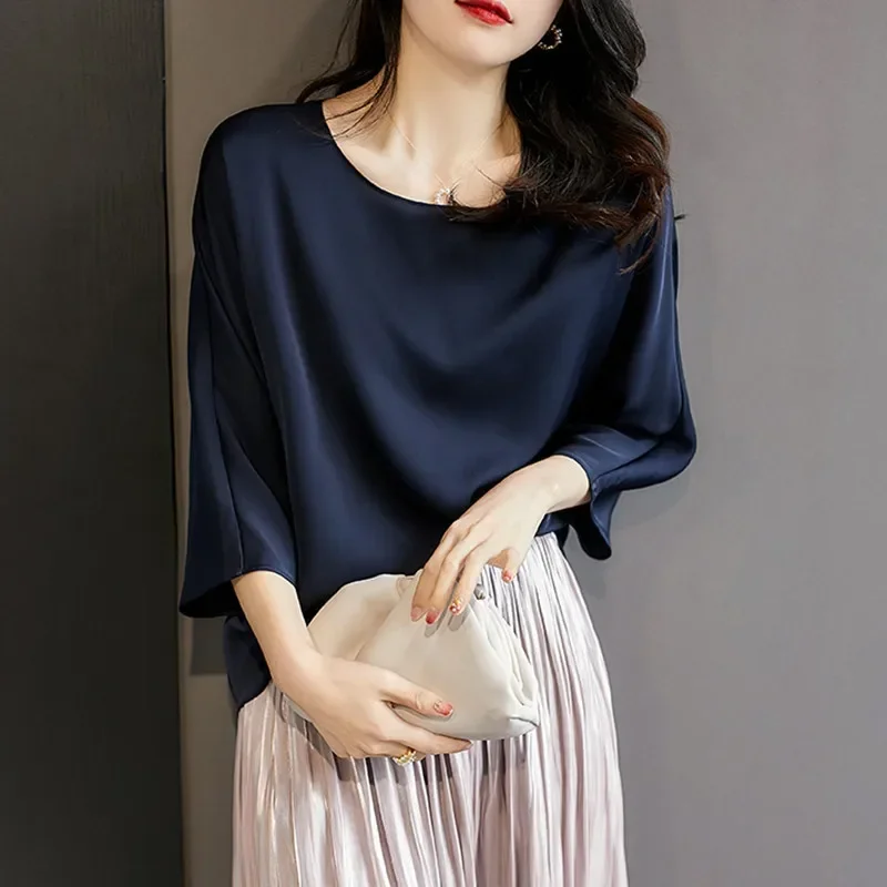 Goddess Feel Early Autumn Women Silk Top Long Sleeve Top Smooth Elastic Satin Loose Double Sided Silkworm Women\'s Silk Shirt