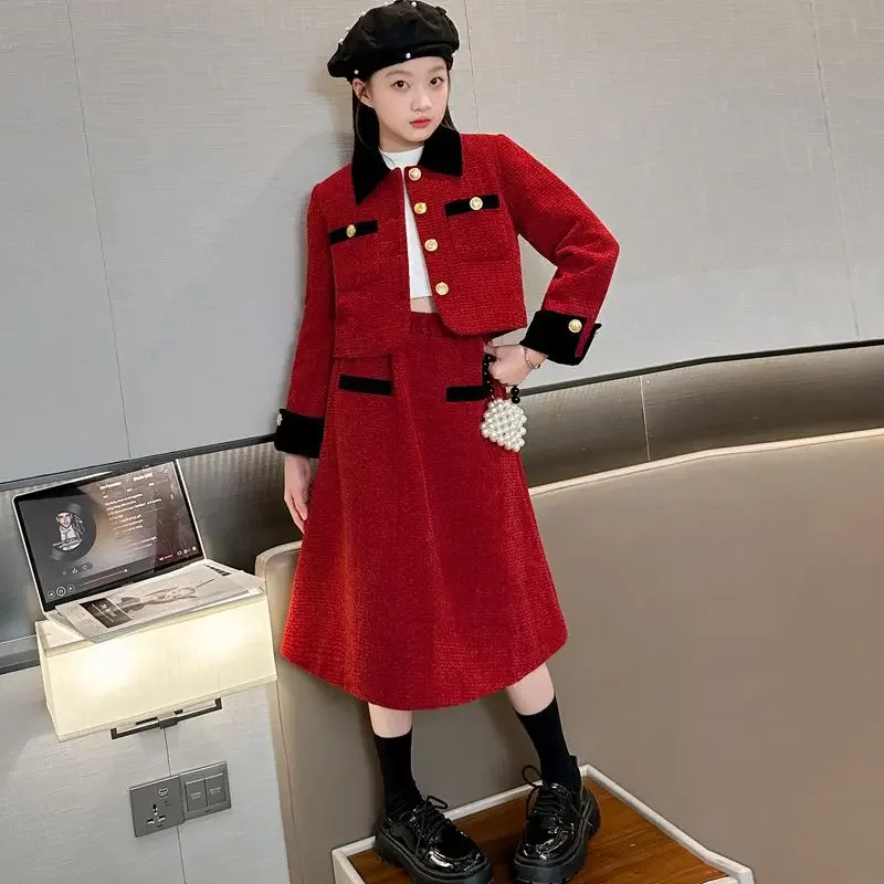 French design new years red black teen girls clothes set short jacket+long skirt 2pcs junior kids Christmas suit child outfits
