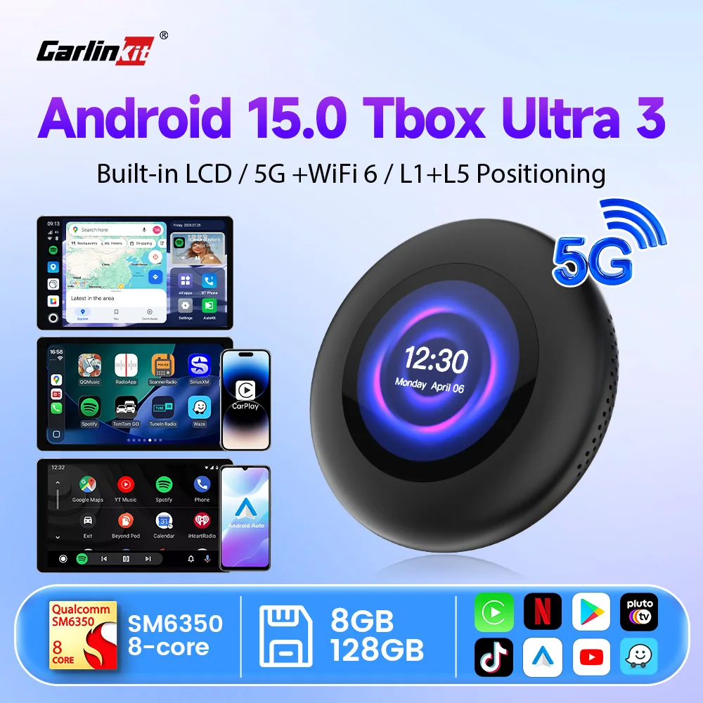 CarlinKit Ultra Android 15 TV Box SM6350 CarPlay Ai Box Wireless CarPlay Android Auto Smart Car Streaming Box Built-in LCD 5GLTE