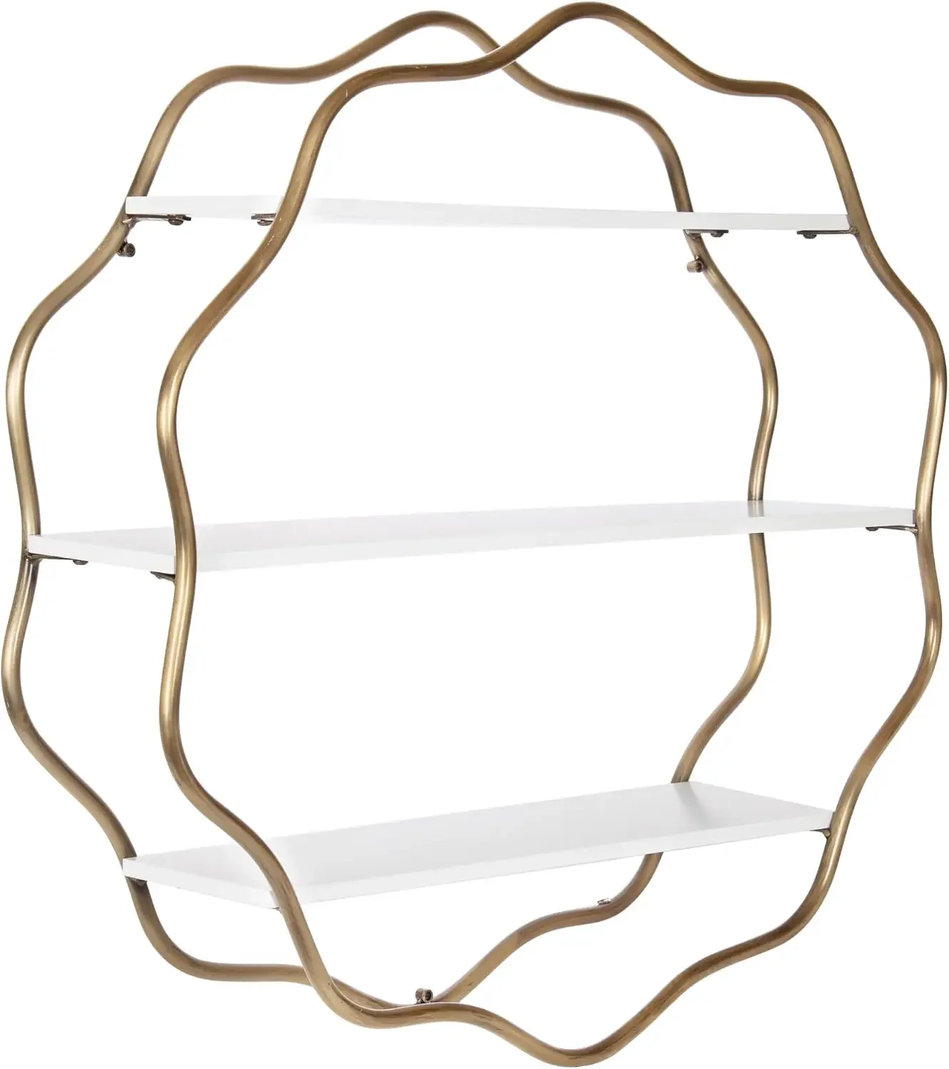 Kate and Laurel Wavella Geometric Three-Tier Wall Shelf, 28 x 7 x 28, White and Antique Brass, Decorative Teen Storage Shelves f
