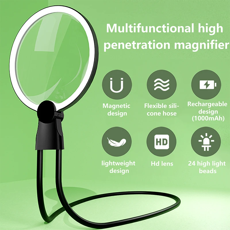 독서용 조명 돋보기, 저시력 노인을 위한 5X 핸즈프리, 목 착용 돋보기
