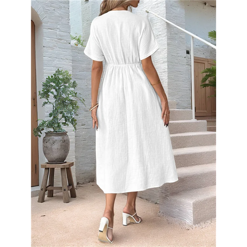 فستان ASDS-صيفي للنساء كاجوال بأكمام قصيرة وربطة عنق على شكل حرف V وكشكشة فساتين متوسطة الطول