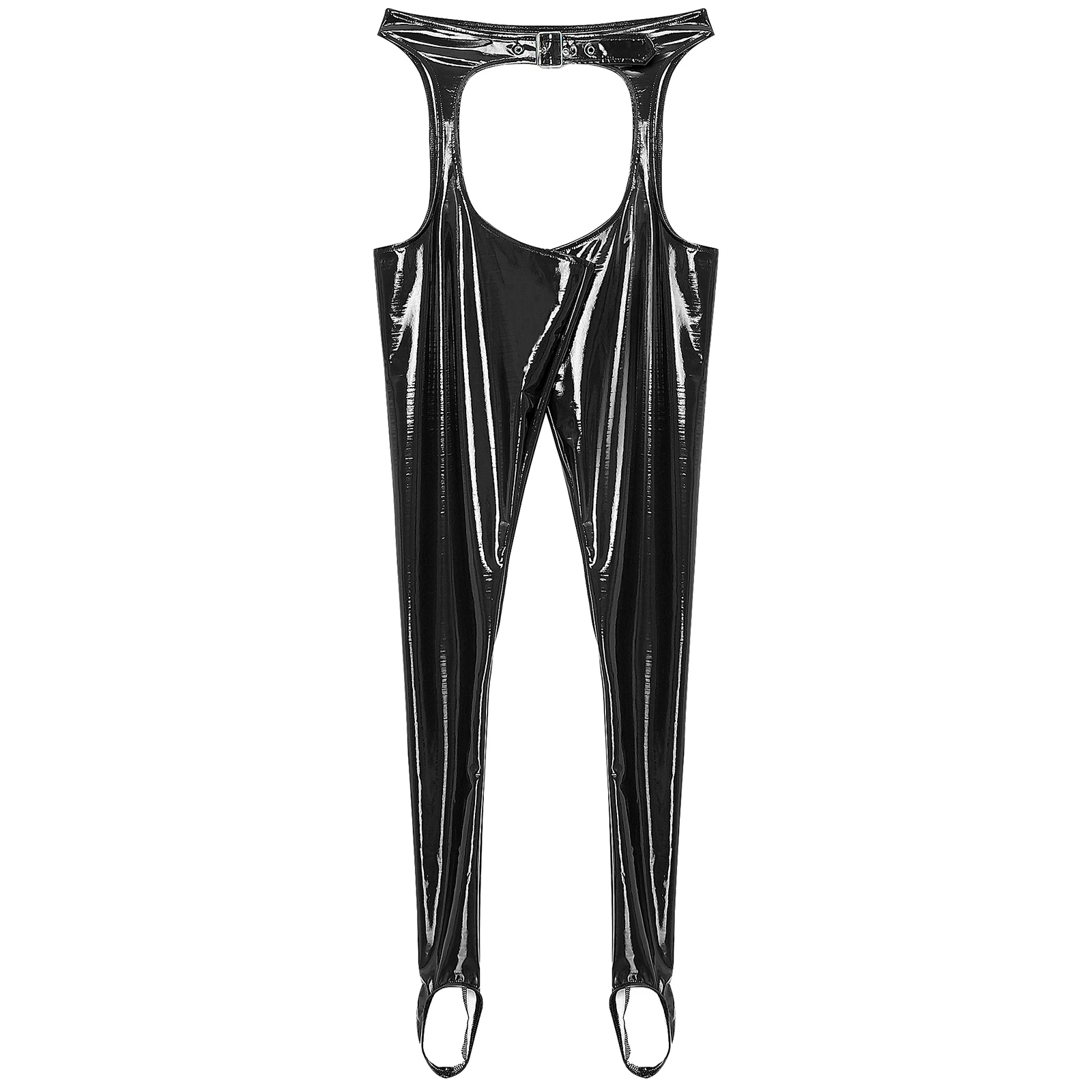 Women Patent Leather Chaps Pants Sexy Clubwear Buckle Waist Open Crotch Butt Thigh Leggings Cutout Skinny Pants Erotic Underwear