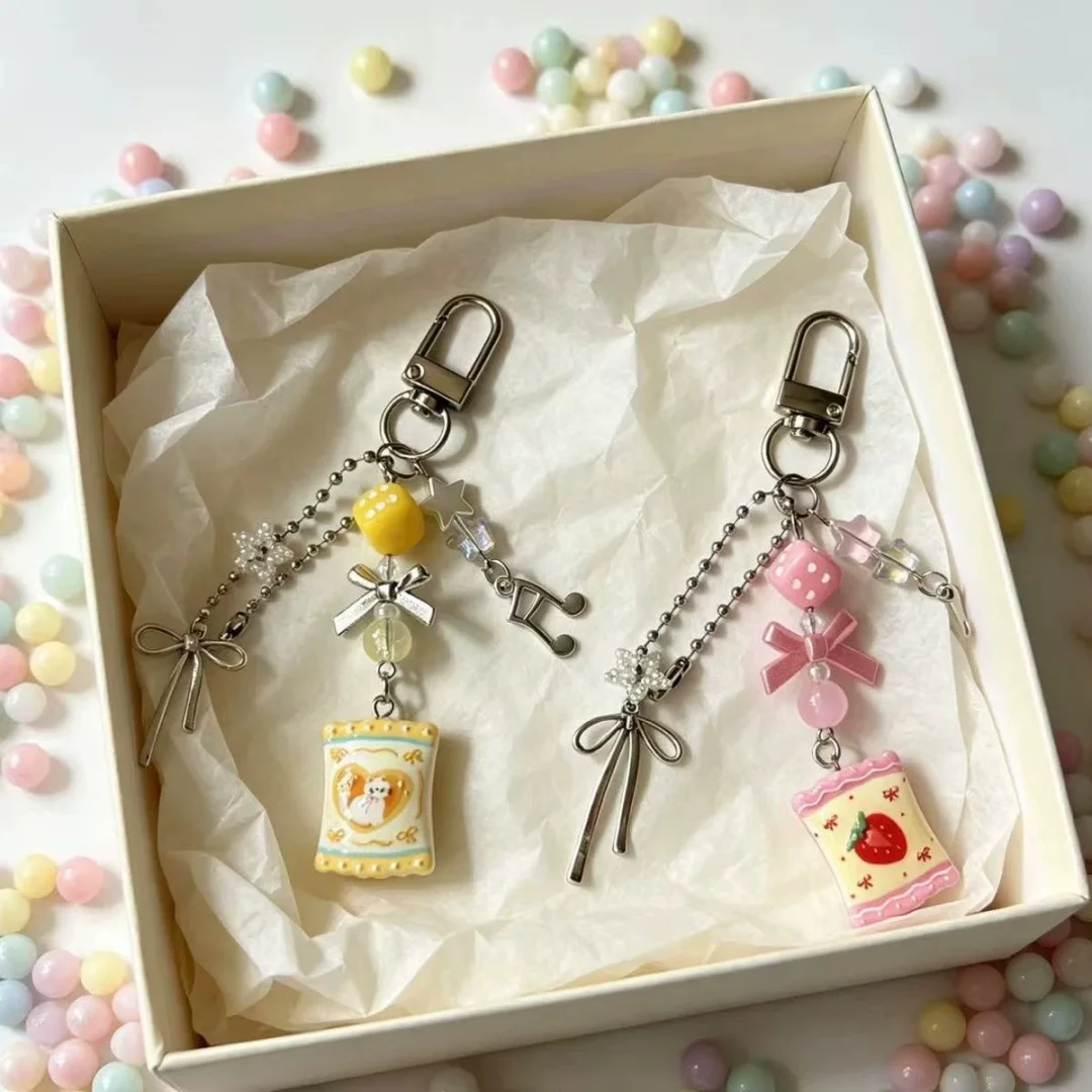 Kawaii Beaded Keychain Dice Bow Music Note Charm Handmade Phone Strap for Journal Bag Decor Y2K Accessories