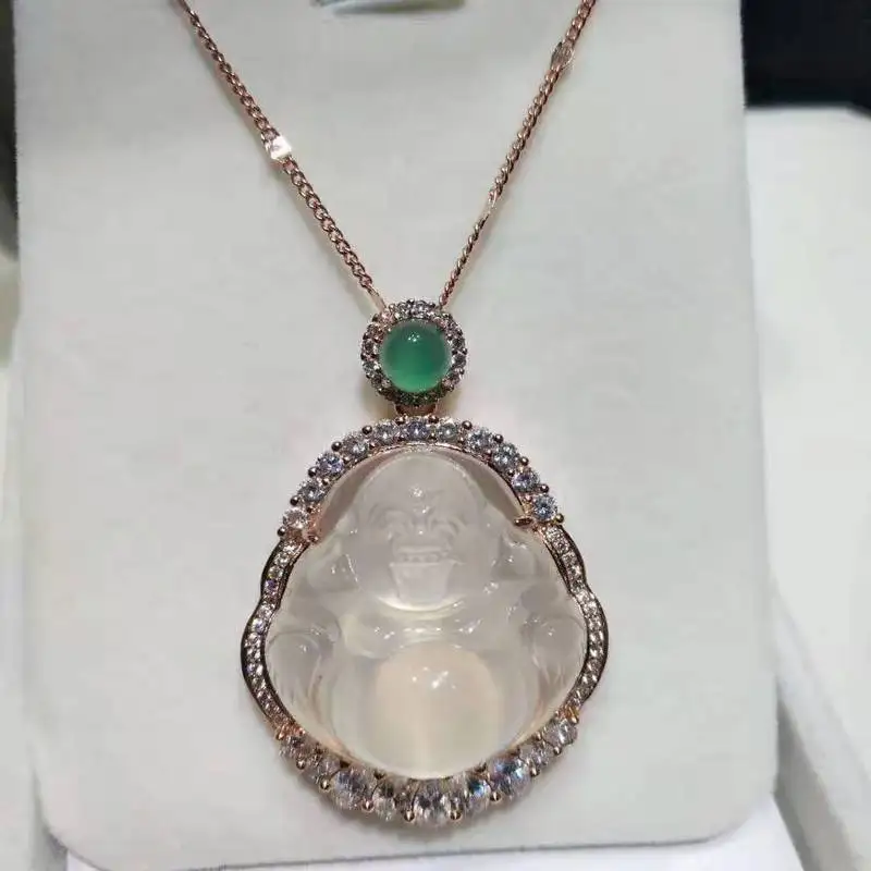 New-Colored Chalcedony Pendant With Jade Rose Gold Inlay, Featuring A Large Buddha Design, Stylish And Versatile