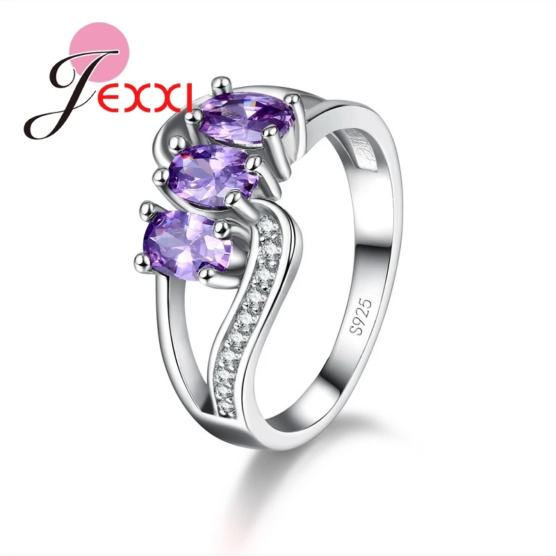 Pretty Propose Rings For Women Paved Purple Oval Cubic Zircons Hollow Design 925 Sterling Silver Color Fashion Wedding Anel