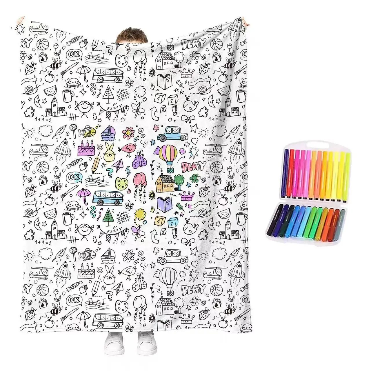 Kids DIY Coloring Blanket 100x140cm Polyester Animal Pattern Creative Drawing Activity Throw Art Craft Toy Birthday Holiday Gift