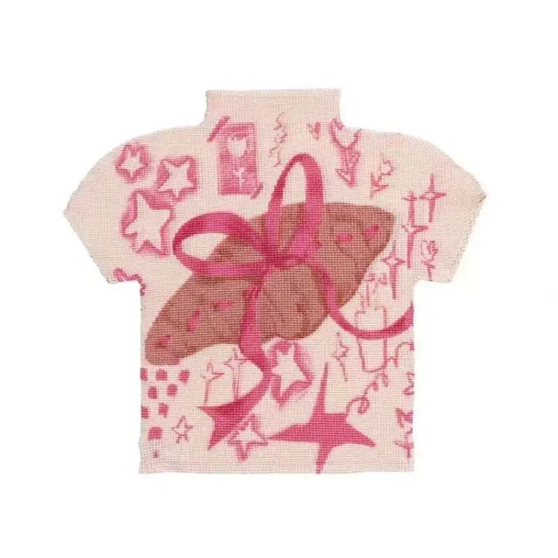 Camiseta con estampado Retro para mujer, blusa de diseño elástico alto, cuello medio alto, informal, fina, moda coreana Y2K 2000S, Tops ajustados de verano