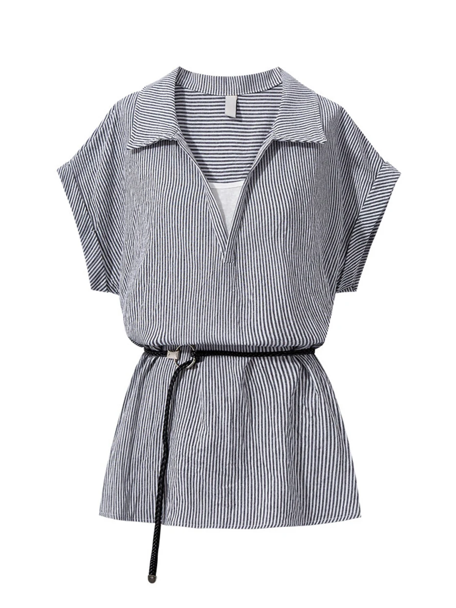 

Women's Denim Short Sleeve Shirt Waist Cinching Patchwork Layering Top Summer New Design Commute Style Polyester Fiber