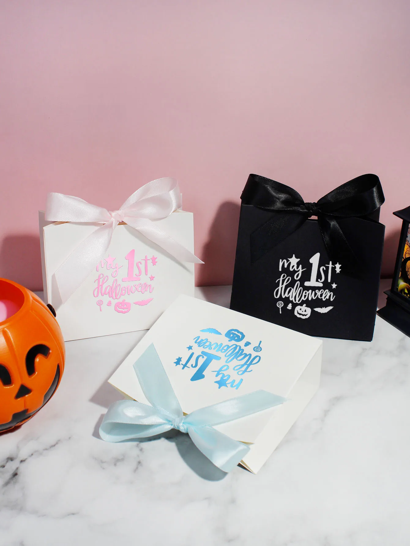 Happy first Halloween, children celebrate candy boxes, Halloween parties, trick or treat without candy