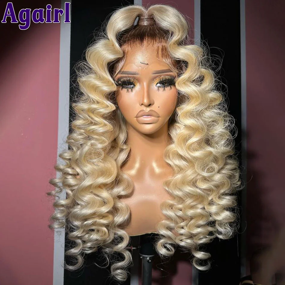 Perruque Lace Front Wig bouclée ombrée rose, pre-plucked, pre-plucked, pre-plucked, pre-plucked, 180% blond, adt, deep wave, HD 13x4, 613