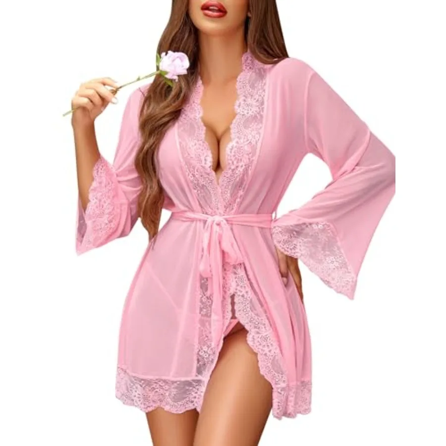 

Women Lace Kimono Robe Babydoll Sexy Lingerie Mesh Chemise Nightgown Cover Up
