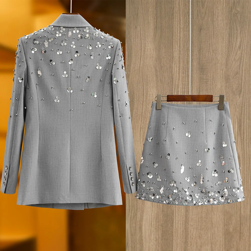 2025 Lady Spring Fashion Sequined Office Suit Notched Long Sleeve Two Buttons Blazer Mini Pencil Skirt Women 2pcs