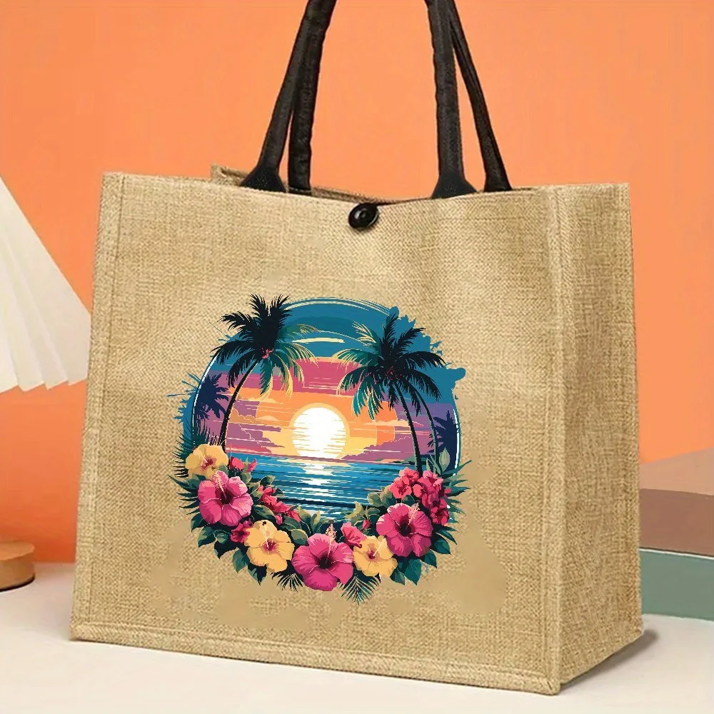 

Fun Spanish Summer Jute Tote Bag Beach Shopping Spanish Summer Tote Large Capacity Trendy Simple Bags for Outdoor Fashion