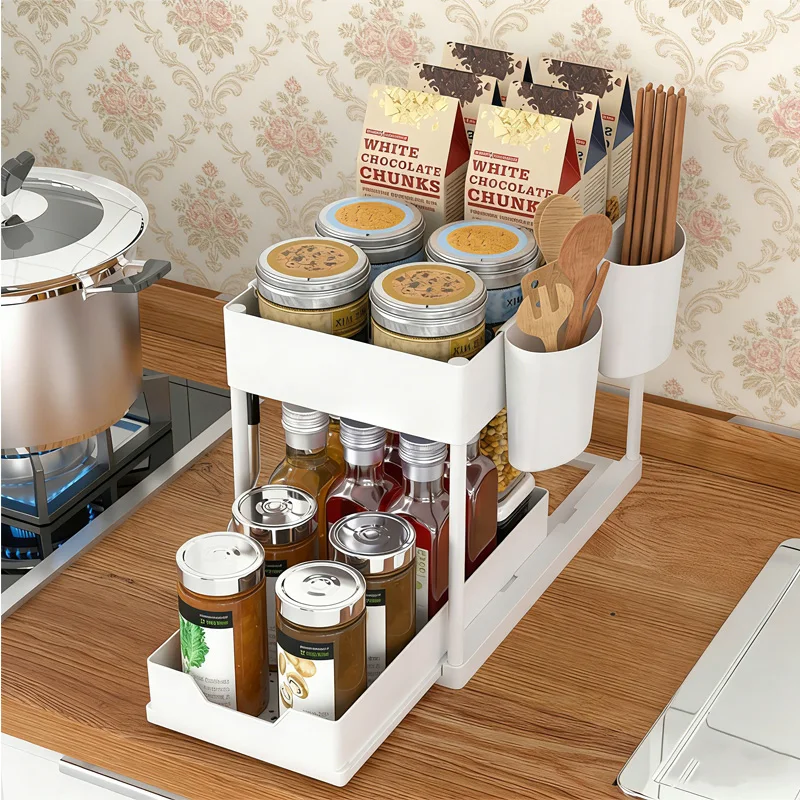 

2Tier Multi-function Kitchen/Bathroom Sink Organizer Sliding Cabinet Basket with Hook Hanging Cup Home Space-Saving Storage Rack