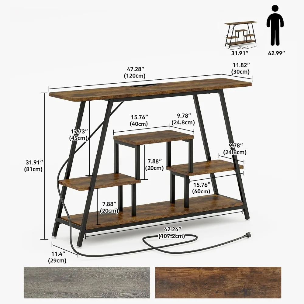 Industrial Style 4-Tier Console Table with Power Outlets and Storage for Narrow Entryways and Behind Couches