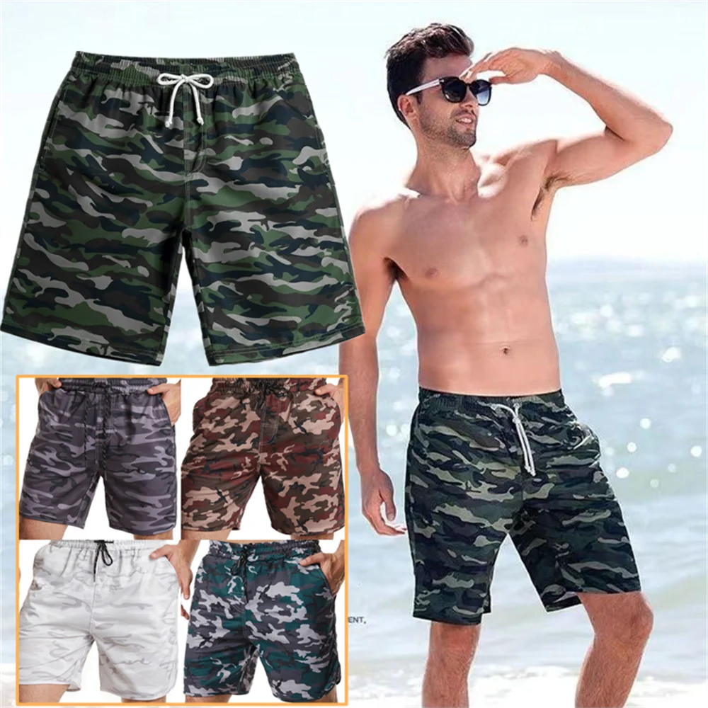 Pantalones cortos de camuflaje táctico con bolsillo deportivo para hombre, pantalones cortos de playa con cordón sólido, pantalones de chándal sueltos finos de verano