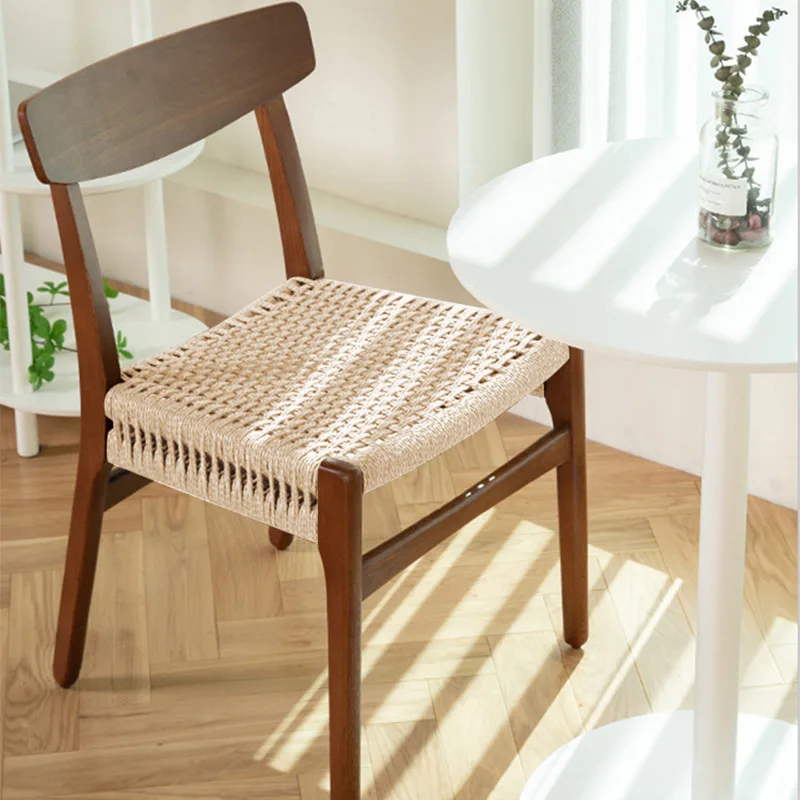 Retro Solid Wood Rope Dining Chair Modern Minimalist Home Woven Makeup Stool Nordic Rattan Back Chair Living Room Furniture 2023