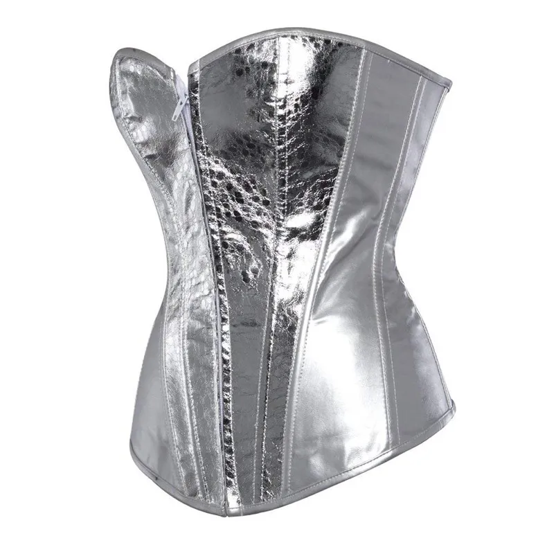 Corsé Bustier de piel sintética para mujer, Burlesque Sexy ropa de fiesta con cremallera frontal, disfraz Steampunk, Top de talla grande plateado