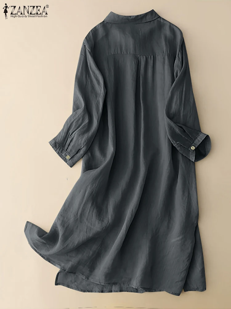 ZANZEA-Robe chemise décontractée à manches longues pour femmes, longueur genou, monochromatique, col à revers, boutons vers le bas, mode, automne,