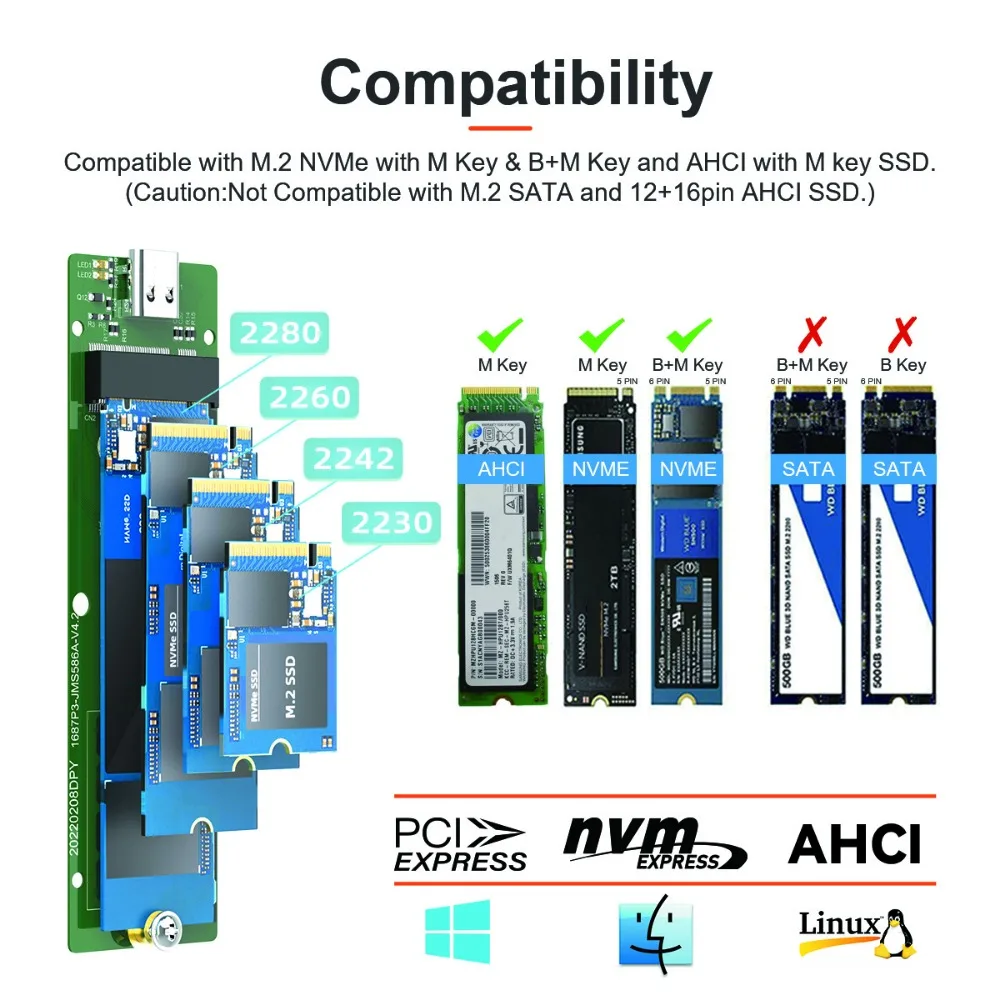 마이워 M.2 NVMe SSD 외장 케이스 20Gbps 공구 없이 설치 가능한 USB C 3.2 Gen2x2 PCIe SSD 케이스 외장 박스 (NVMe M-Key 솔리드 스테이트 드라이브용)
