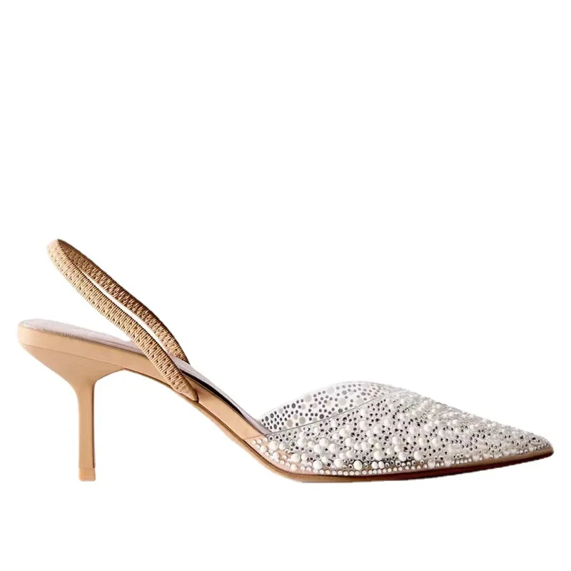 2023 Woman Pumps Pointed toe Pearl Heels Women High-heeled Slingback High heels Wedding Bride Transparent Rhinestone Heels