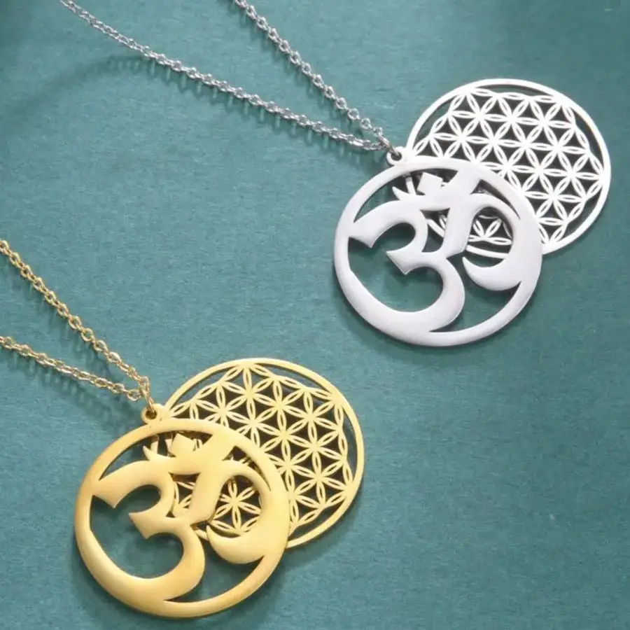 Dawapara Flower of Life Yoga Necklace OM Symbol Pendant Buddhist Spiritual Meditation Amulet Stainless Steel Jewelry