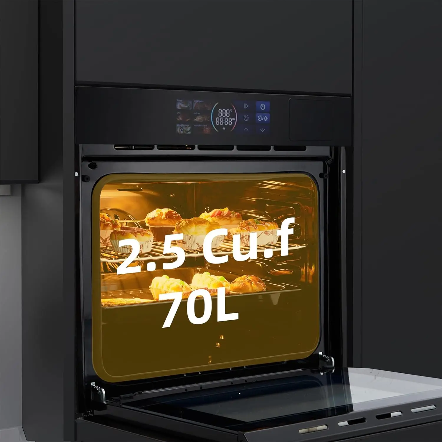 فرن حائط فردي مقاس 24 بوصة، فرن بخار كهربائي مدمج مع 8 أوضاع للخبز والقلي الهوائي، 2.5 قدم مكعب. الحمل الحراري الجدار