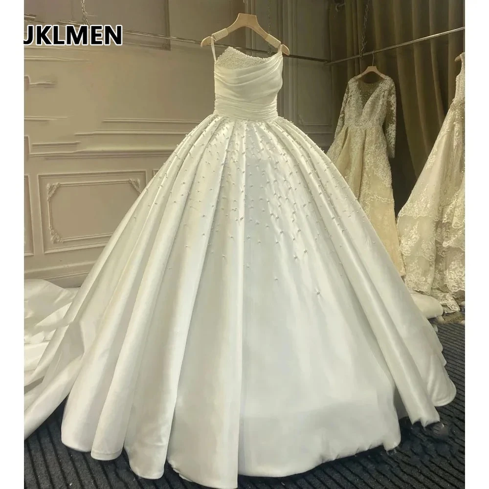Perlen-Satin Hochzeitskleider für Frauen Vestidos De Novia Ärmellose Prinzessinnen-Brautkleider Maßgeschneiderte Vestido De Noiva