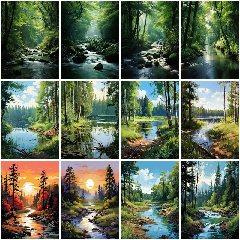 CHENISTORY Painting By Number Forest Stream Scenery Drawing On Canvas HandPainted Tree Gift DIY Picture By Number Kits Home Deco