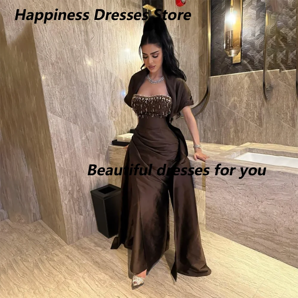 Zeemeermin avondjurk met sjaal kristal strapless satijn luxe avondjurken bruin Saoedi-Arabische formele feestjurk op maat