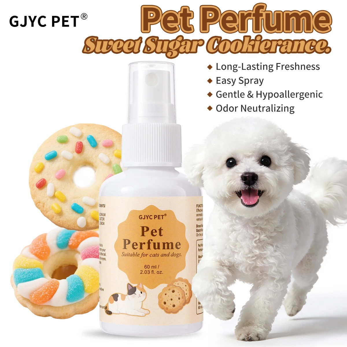 Pet Perfume Spray Sugar Cookie Scent Long Lasting Odor Neutralizing Gentle Hypoallergenic for Dogs Cats Daily Grooming Care