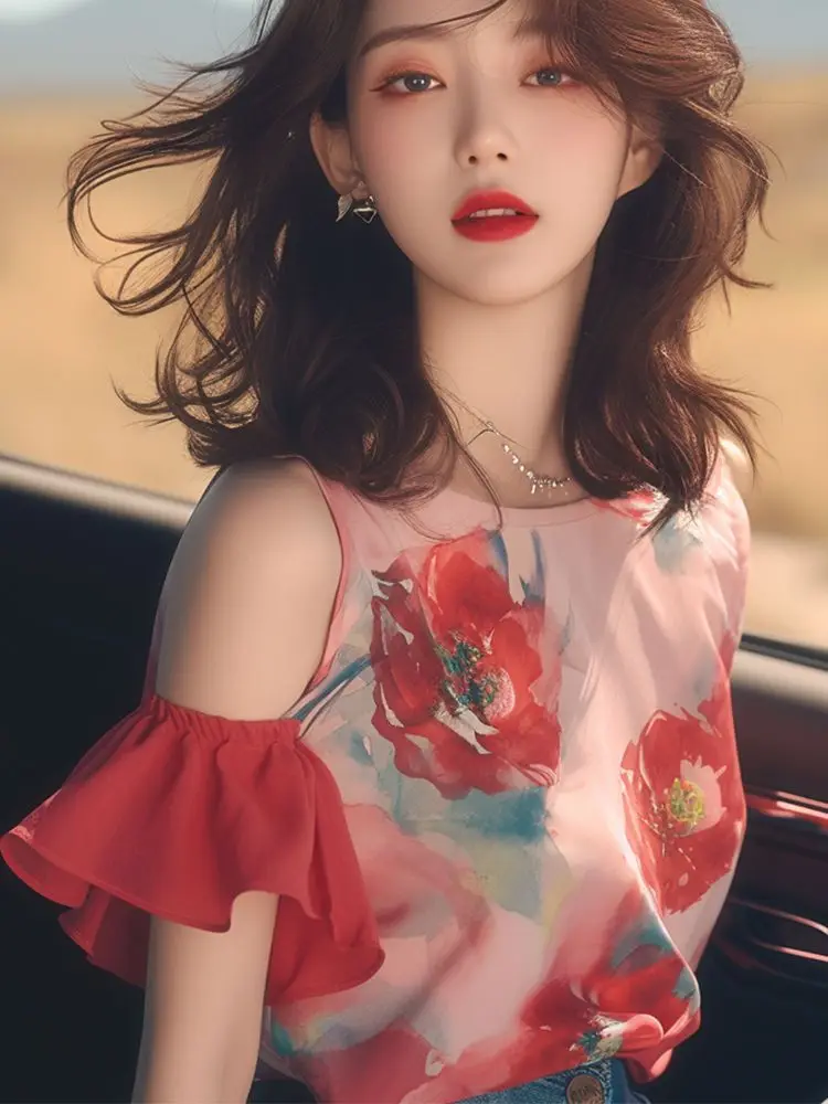 Zomer Frans licht modieus chic tops licht luxe rood bedrukt shirt