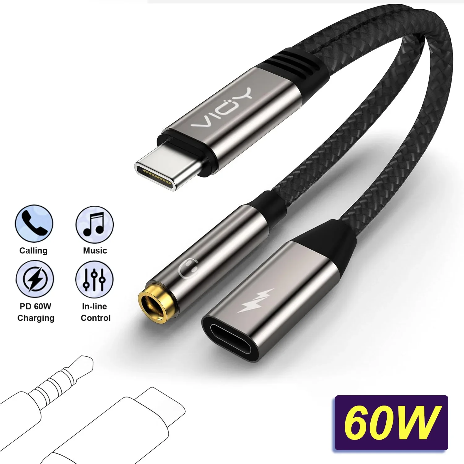 

Адаптер для наушников и зарядного устройства VIOY USB C на 3,5 мм — 2 в 1 USB C — Aux Audio Jack с быстрой зарядкой и передачей данных PD 60 Вт