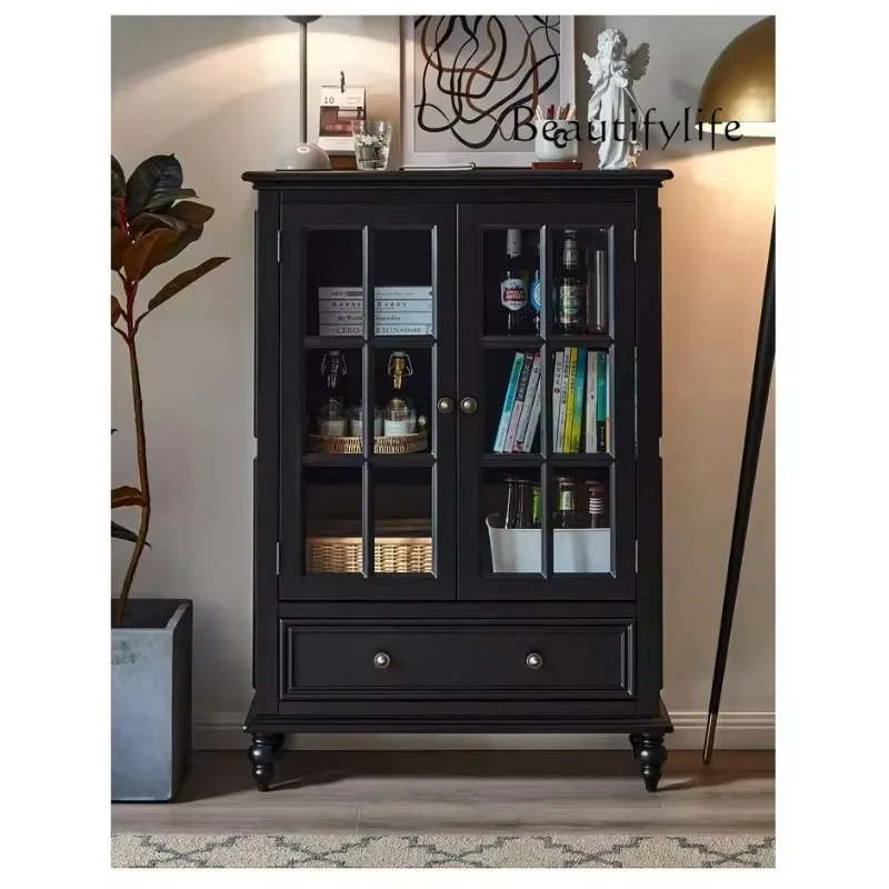 XX American Black Walnut All Solid Wood Wine Cabinet Locker Large Capacity Side Cabinet Against The Wall Glass Wine Cabinet Lock
