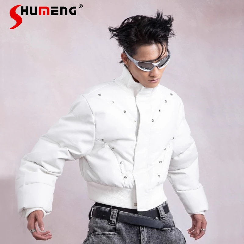 Men's 2025 Autumn Winter New Metal Buckle Chic Parkas Thickened Stand Collar Parkas Men's Solid Color Long Sleeve Warm Jackets