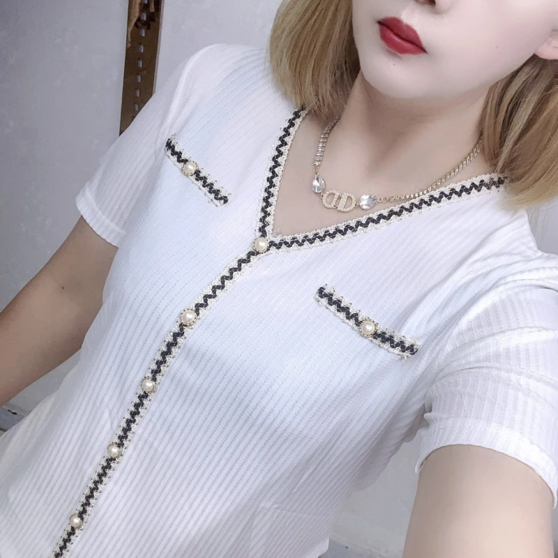 Summer New Fashion Simple French Small Fragrance V-neck Short Sleeved T-shirt Women's Panelled Patchwork Pearl Button Slim Tops