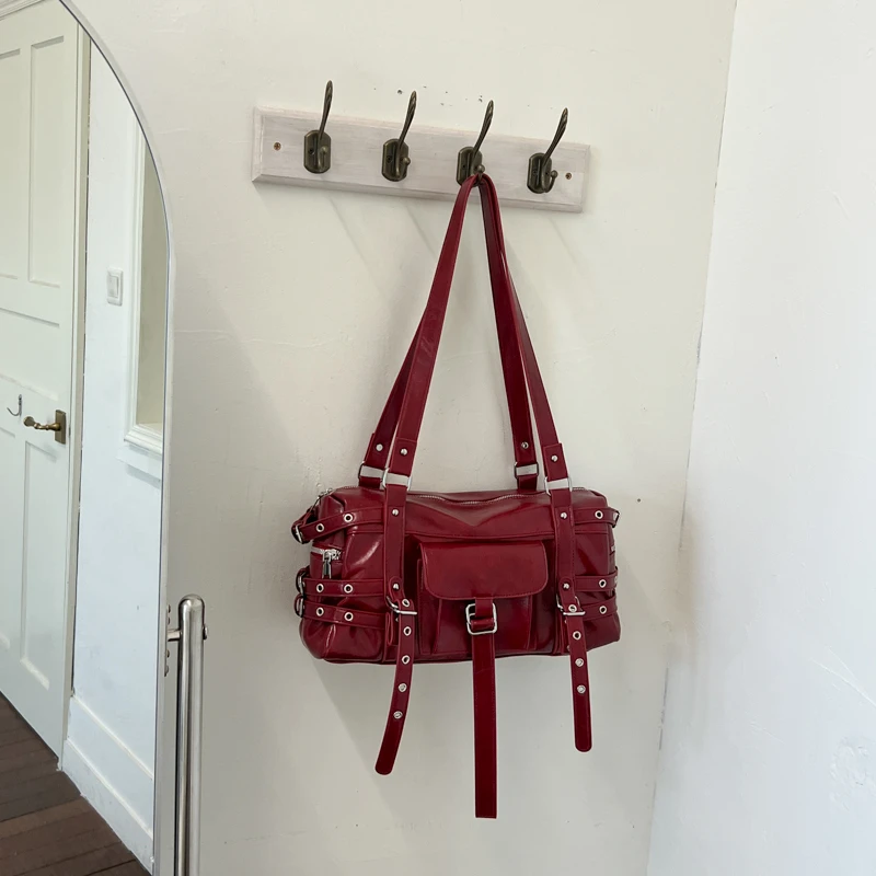 2026 Autumn New Rivet Buckle Motorcycle Shoulder Bag Women Retro Patent Leather Crossbody Bag Gothic Multi Pockets Sling Handbag
