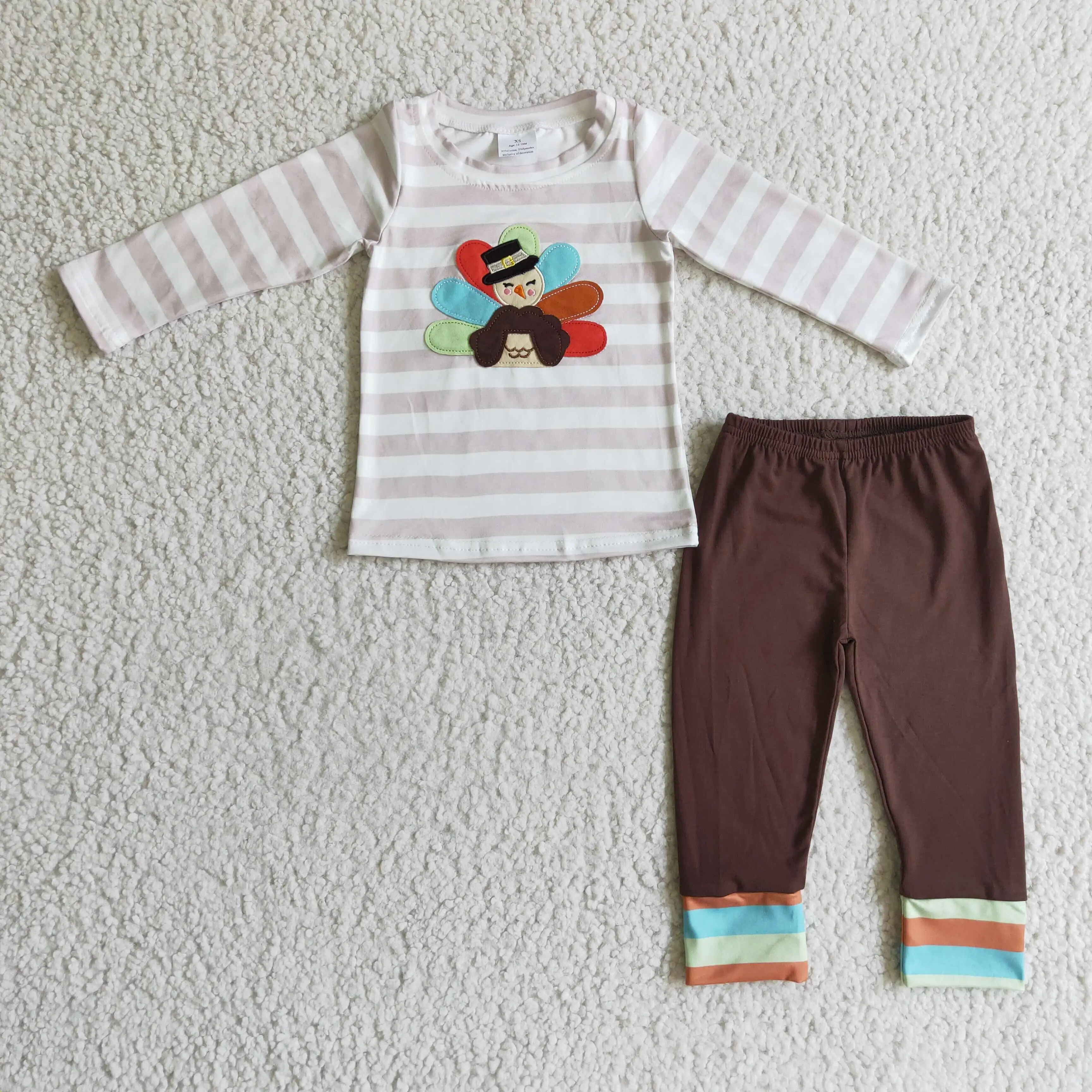 Wholesale Baby Boy Thanksgiving Outfit Long Sleeves Embroidery turkey Stripes Shirt Children Kids Boys Pants Toddler Fall Set