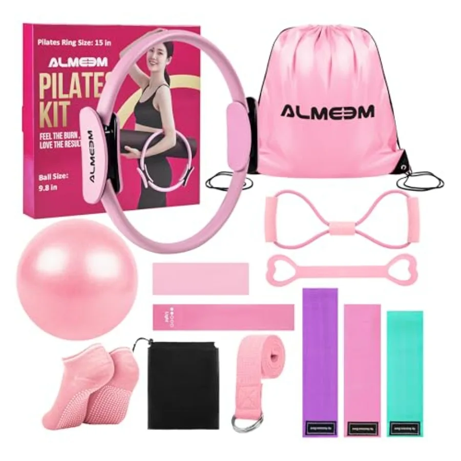Pilates Ring Kit for Women and Men - 15 inch Magic Circle Exercise Ring and Ball Set for Home Workout Equipment - Dual Padded H