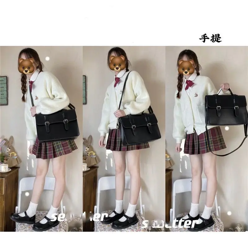 Japanese JK Uniform Students Backpacks Schoolbag Black Vintage PU Shoulder Crossbody Bag Handbag for Female Messenger Tote Bag