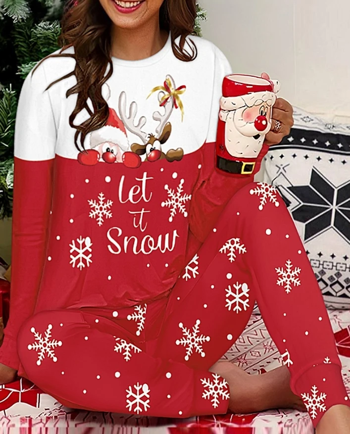 

2 Piece Christmas Let it Snow Cartoon Print Crewneck Pullover Top Casual Pants Pajamas Set